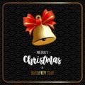 Postcard Merry Christmas and Happy New Year with golden bell with red ribbon on black background. Royalty Free Stock Photo